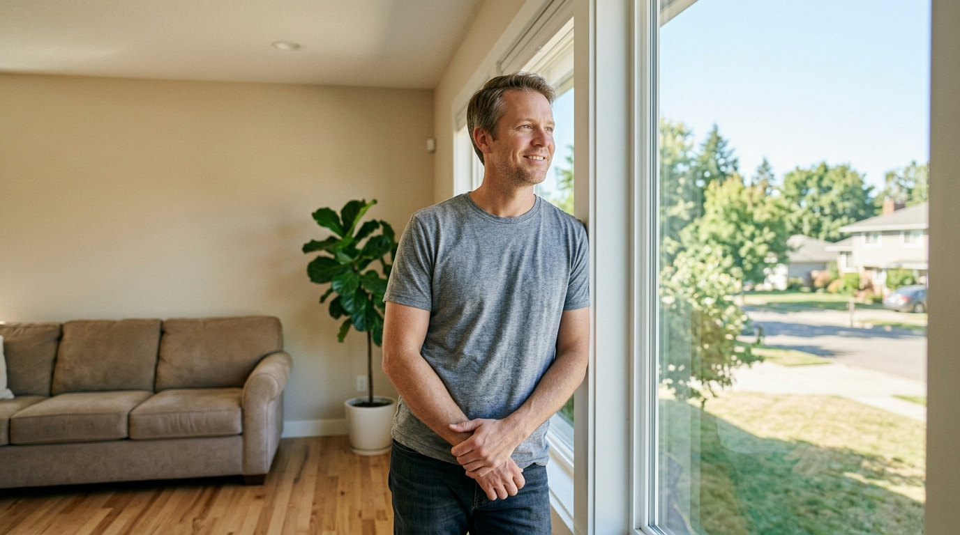 Пациент смотрит в окно, чувствуя свободу при постреабилитационном сопровождении
